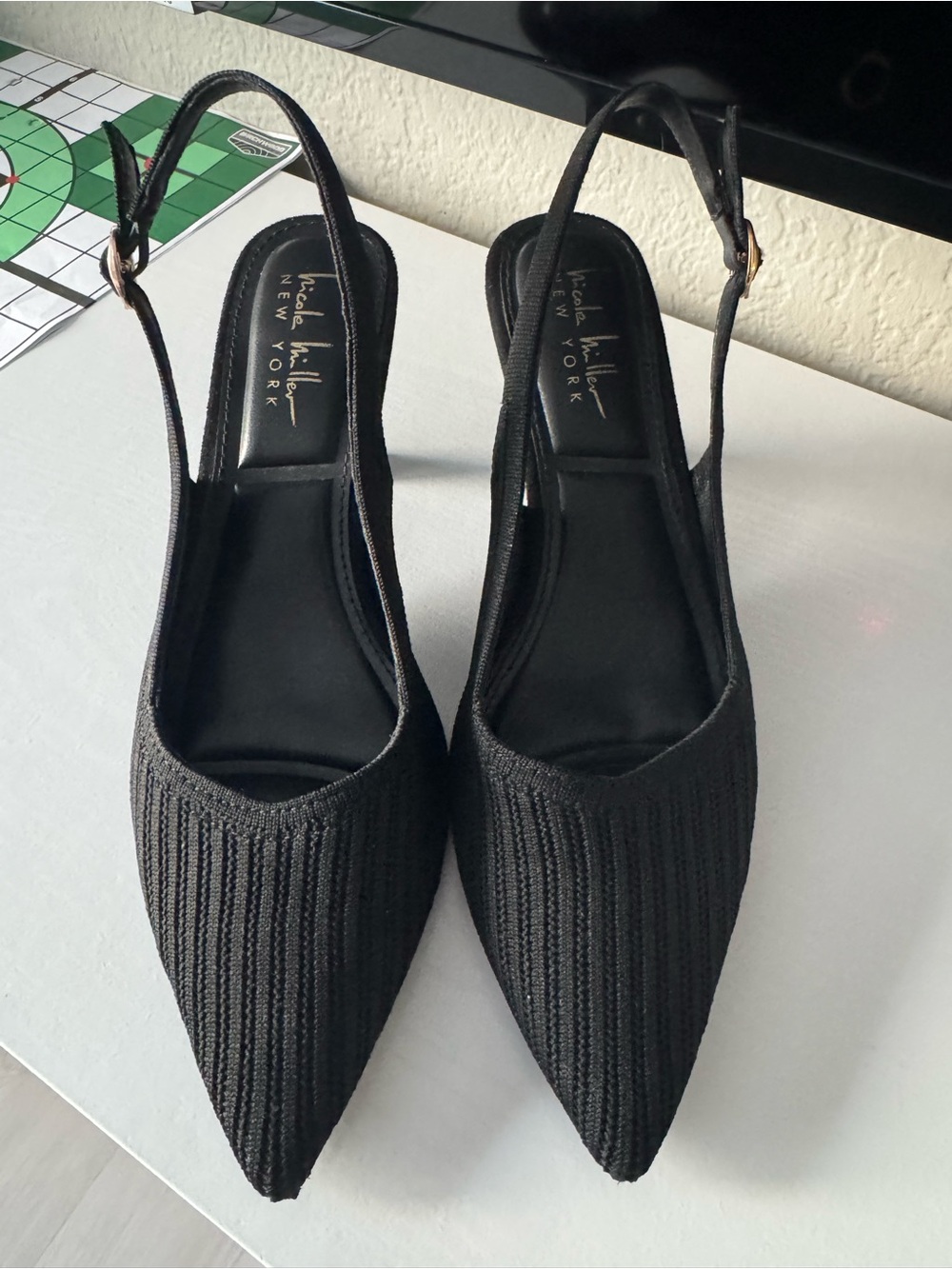 Nicole Miller Black Textured Pointed Slingback Flats